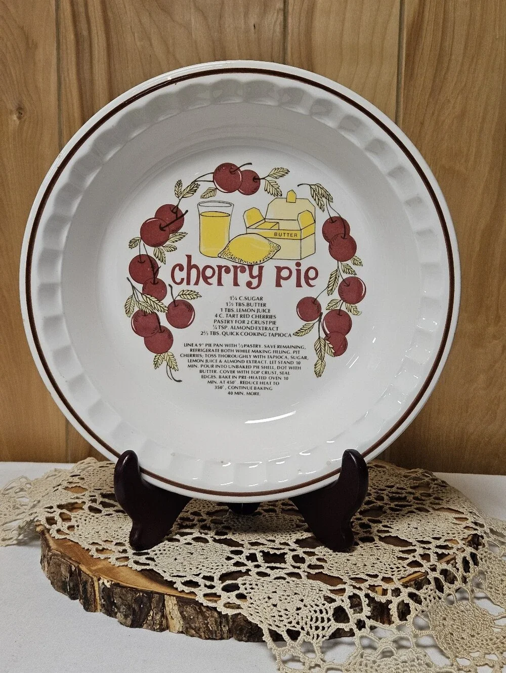 Vintage Hankook Korea Ceramic Deep Dish Cherry Pie Plate With Printed Recipe